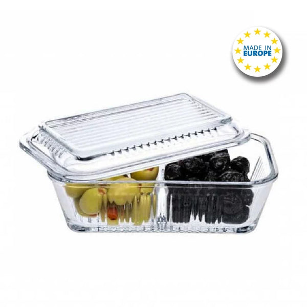 Glass Storage Container with Lid, 2 Part Relish Dish