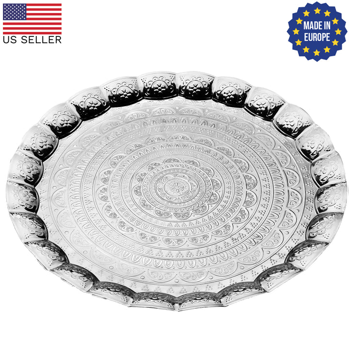 Handmade Wavy Round Tray with Embossed Design, 13.7 in