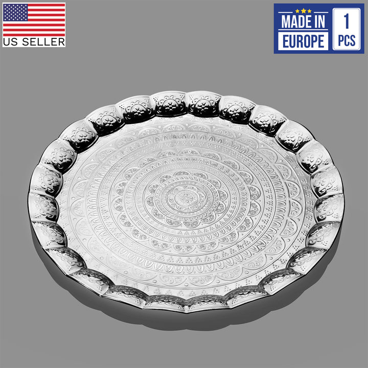 Handmade Wavy Round Tray with Embossed Design, 13.7 in