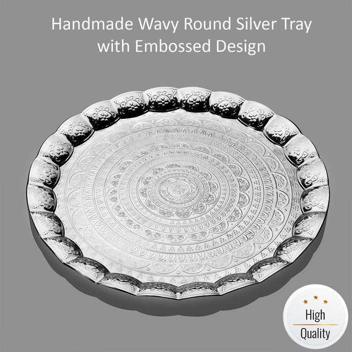 Handmade Wavy Round Tray with Embossed Design, 13.7 in