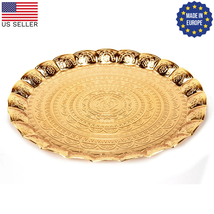 Handmade Wavy Round Tray with Embossed Design, 13.7 in