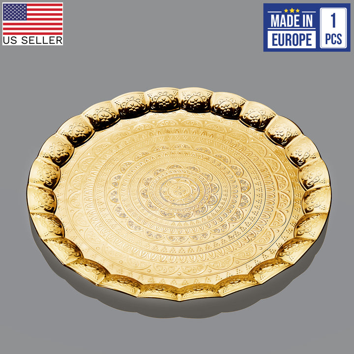 Handmade Wavy Round Tray with Embossed Design, 13.7 in