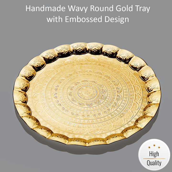 Handmade Wavy Round Tray with Embossed Design, 13.7 in