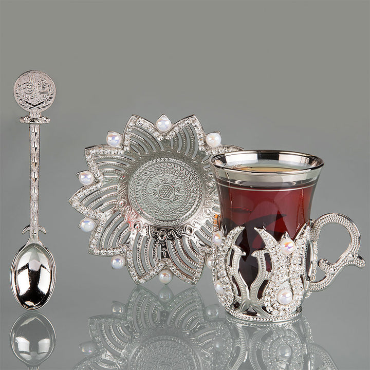 Tea Glasses Set of 6 with Pearl and Swarovski, 24 Pcs