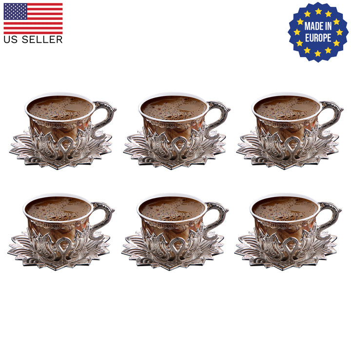 Ahsen Brown Coffee Cup Set with Metal Saucers and Holders