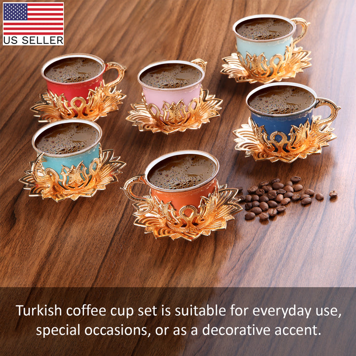 Ahsen Turkish Colorful Coffee Cup Set of 6, 18 Pcs, Gold