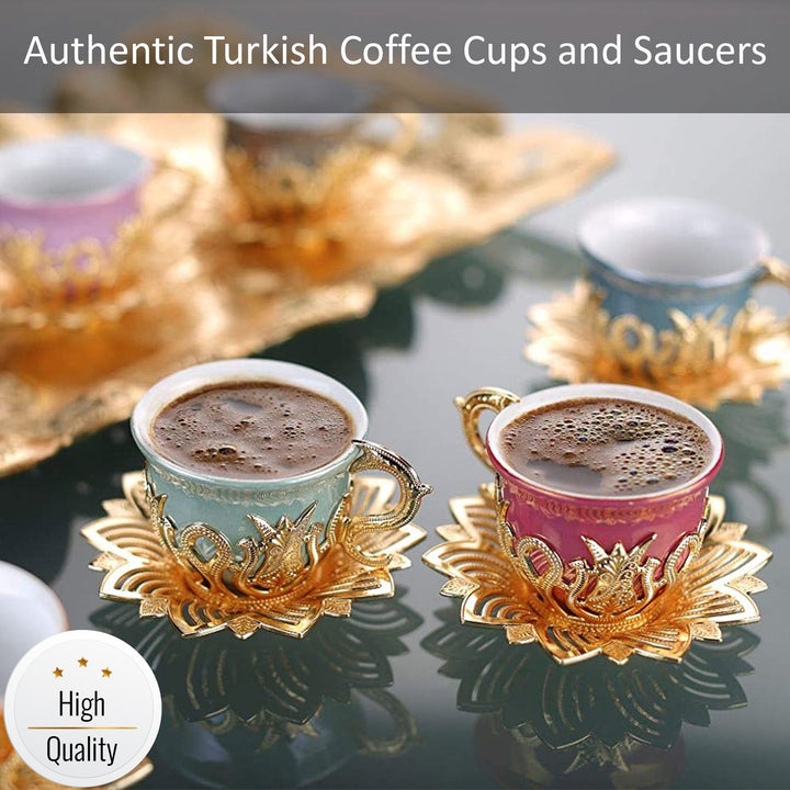 Ahsen Turkish Colorful Coffee Cup Set of 6, 18 Pcs, Gold