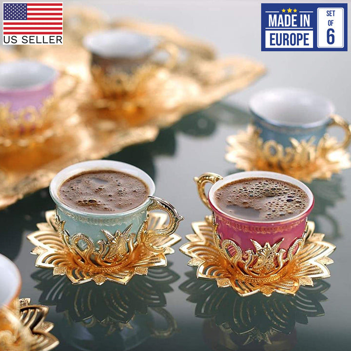 Ahsen Turkish Colorful Coffee Cup Set of 6, 18 Pcs, Gold