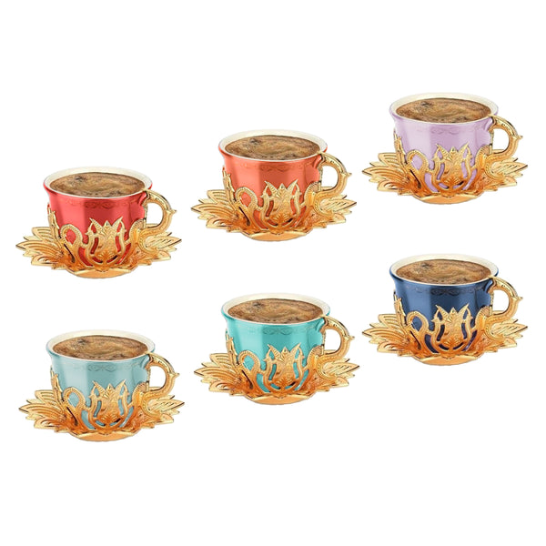 Ahsen Turkish Colorful Coffee Cup Set of 6, 18 Pcs, Gold