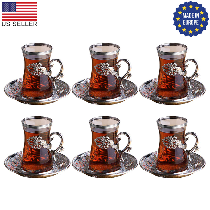 Sefa Turkish Tea Glass Set of 6 with Saucers and Holders