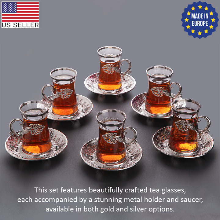 Sefa Turkish Tea Glass Set of 6 with Saucers and Holders