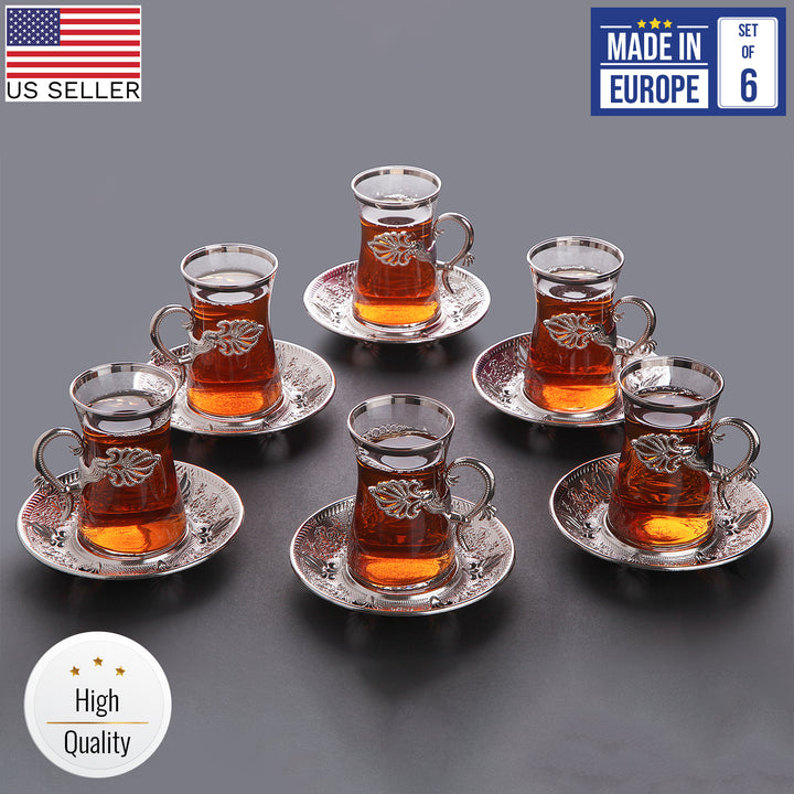 Sefa Turkish Tea Glass Set of 6 with Saucers and Holders