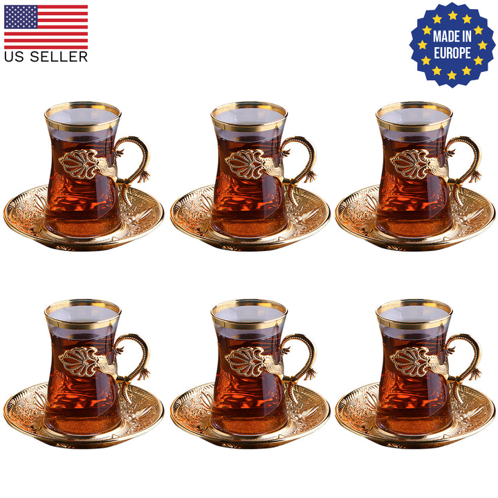 Sefa Turkish Tea Glass Set of 6 with Saucers and Holders