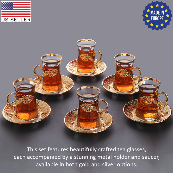 Sefa Turkish Tea Glass Set of 6 with Saucers and Holders