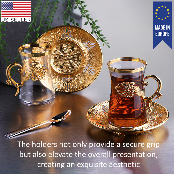 Sefa Turkish Tea Glass Set of 6 with Saucers and Holders