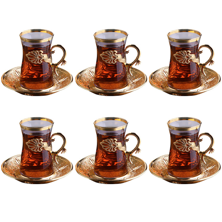 Sefa Turkish Tea Glass Set of 6 with Saucers and Holders