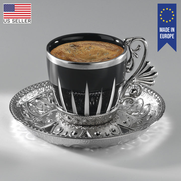 Turkish Coffee Cups Set with Saucers and Cup Holders, 4 Oz