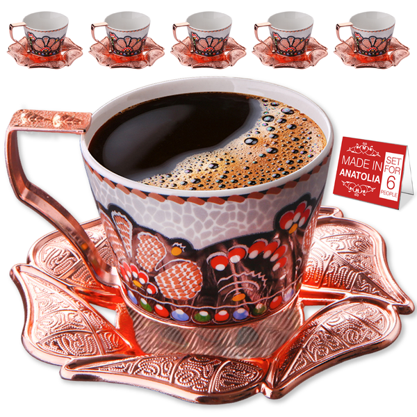 Turkish Coffee Cup Set for 6 People with Leaf Design Saucers, 18 Pcs