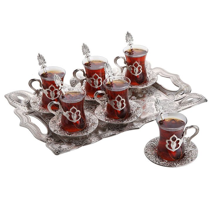 Turkish Tea Glasses Set of 6 with Saucers, Tray, Spoons