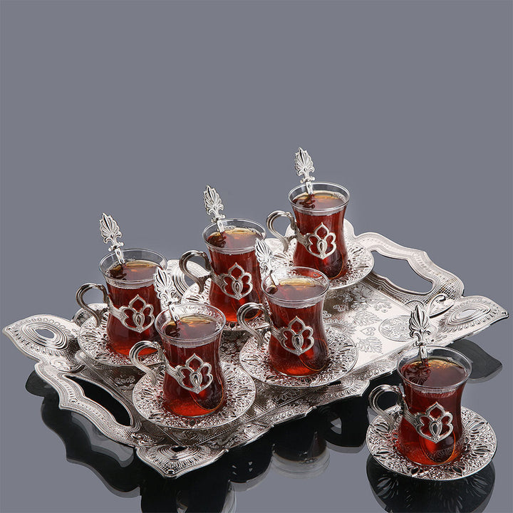 Turkish Tea Glasses Set of 6 with Saucers, Tray, Spoons