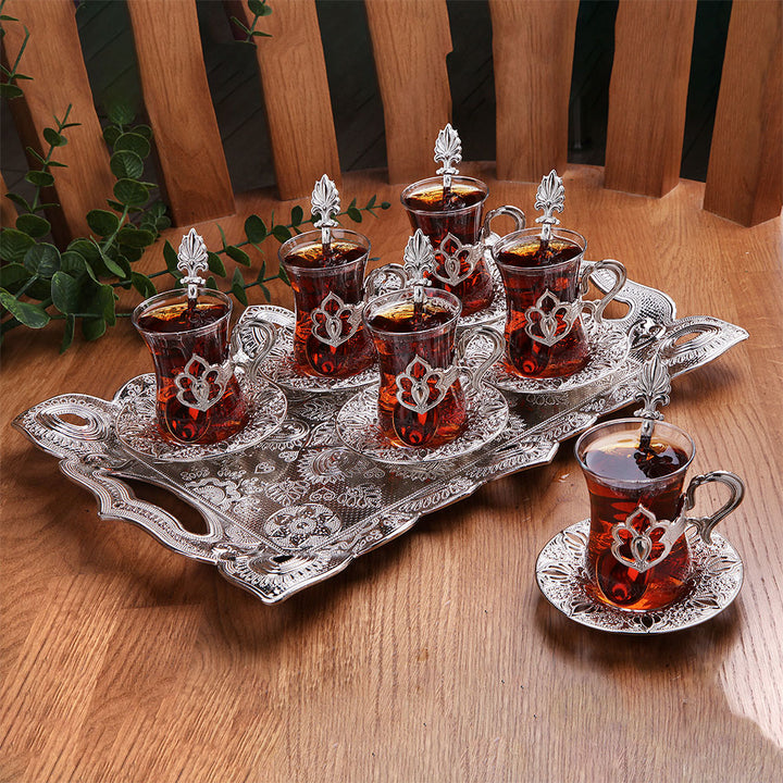 Turkish Tea Glasses Set of 6 with Saucers, Tray, Spoons