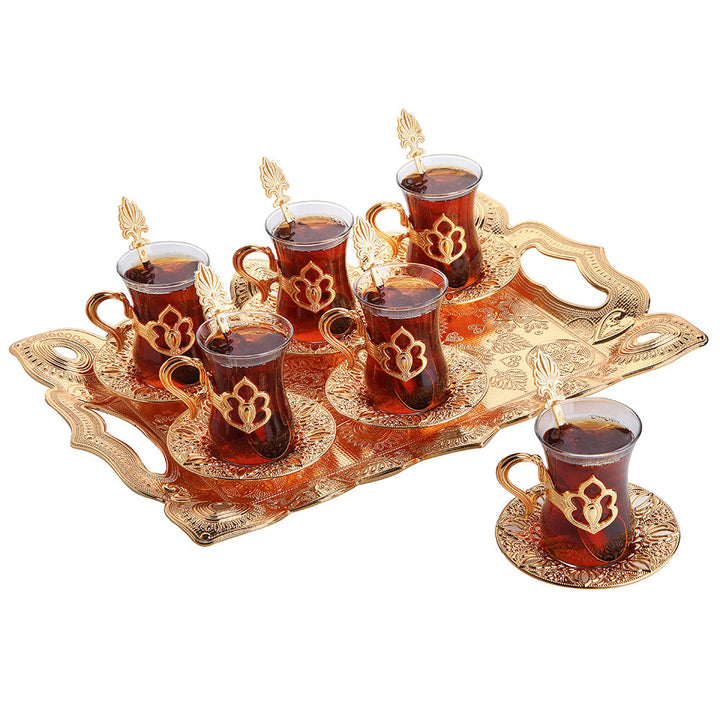 Turkish Tea Glasses Set of 6 with Saucers, Tray, Spoons