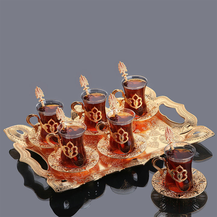 Turkish Tea Glasses Set of 6 with Saucers, Tray, Spoons