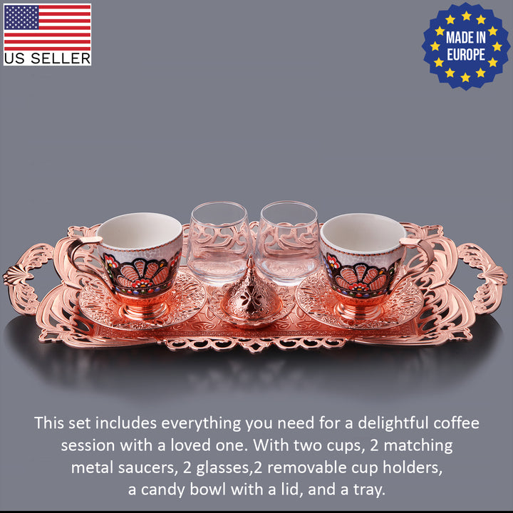 Turkish Coffee Cup Set of 2 with Bowl & Tray, Rosegold, 4 Oz