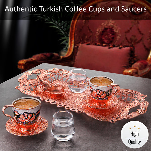 Turkish Coffee Cup Set of 2 with Bowl & Tray, Rosegold, 4 Oz