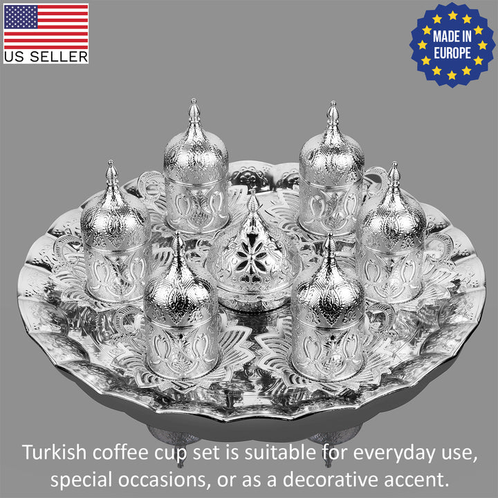 27 Pcs Fancy Turkish Coffee Cup Set of 6 with Tray, Gold, Silver