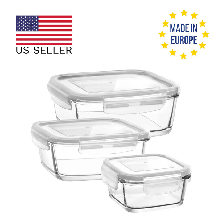 Glass Food Container Set with Lids, (12.75, 24.25, 39 Oz)