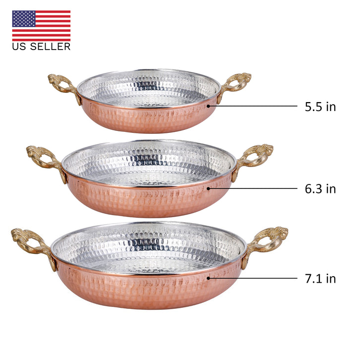 Copper Egg Pan Set, 3 Pcs Ottoman Style Handmade Round Set