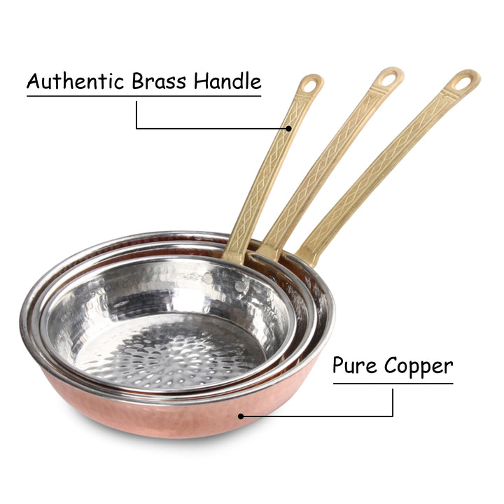 Traditional Turkish 3 Pcs Copper Pan Set with Brass Handles