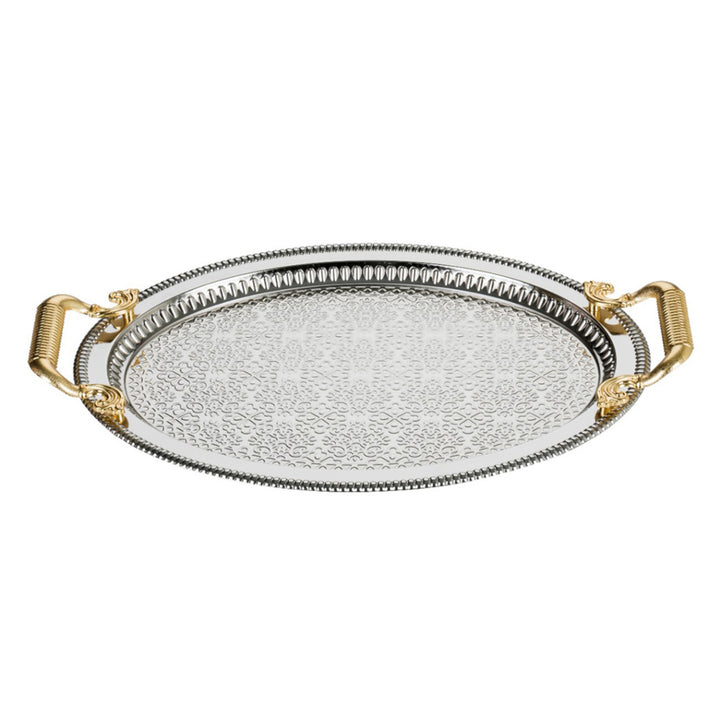 Decorative Oval Embossed Big Serving Tray with Gold Handles