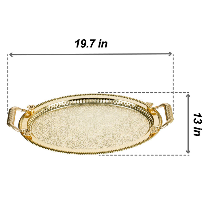 Decorative Oval Embossed Big Serving Tray with Gold Handles