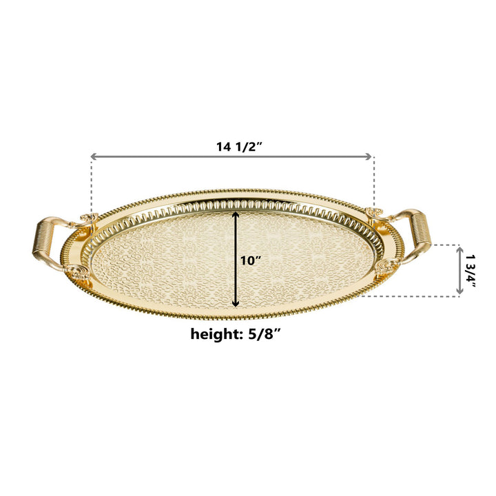 Decorative Oval Embossed Big Serving Tray with Gold Handles