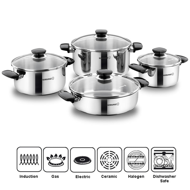 Korkmaz Kappa 8-Piece Stainless Steel Cookware Set, Silver