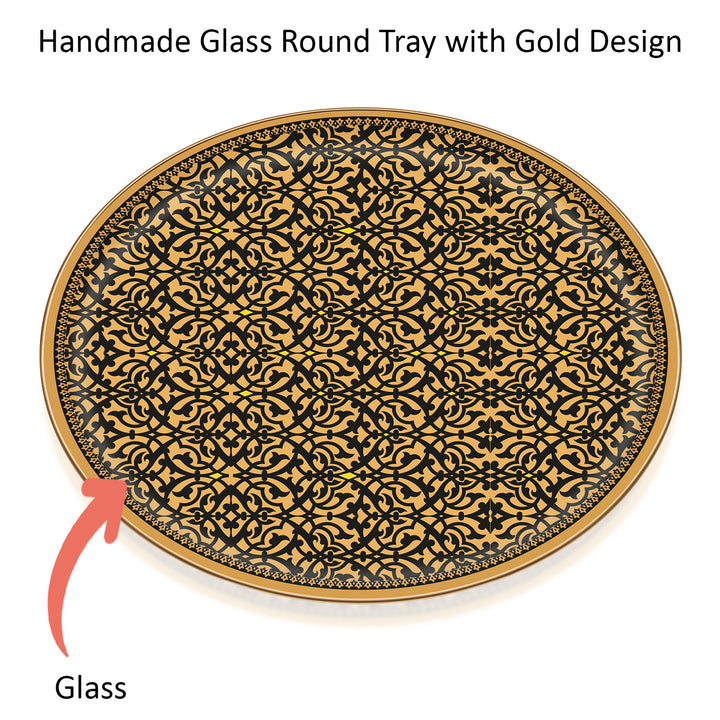 Handmade Glass Round Tray with Gold Design, 12.2 in