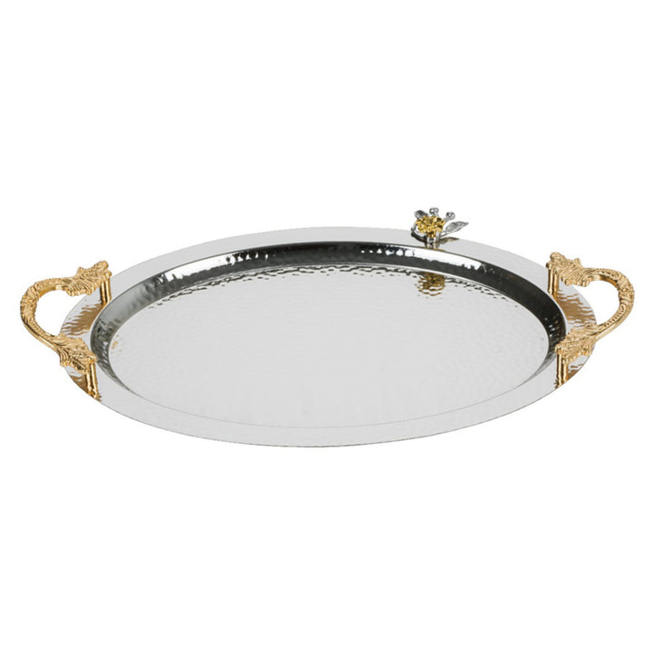 Ornamental Big Oval Gold Serving Tray with Handles, 19x13 in