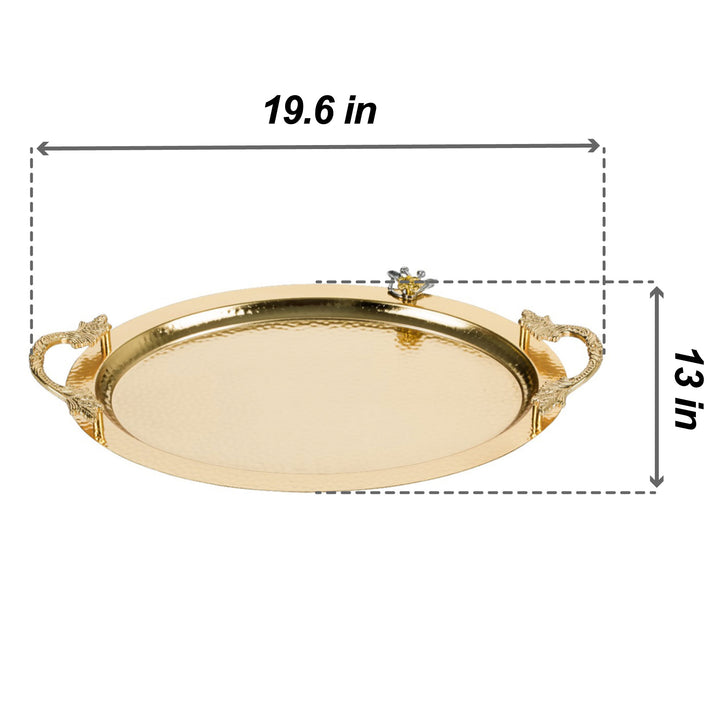 Ornamental Big Oval Gold Serving Tray with Handles, 19x13 in