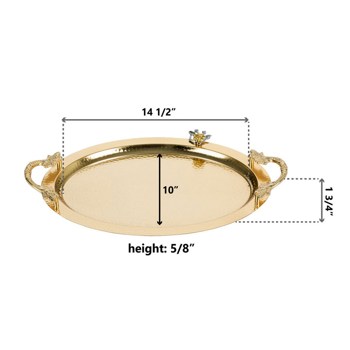 Ornamental Big Oval Gold Serving Tray with Handles, 19x13 in