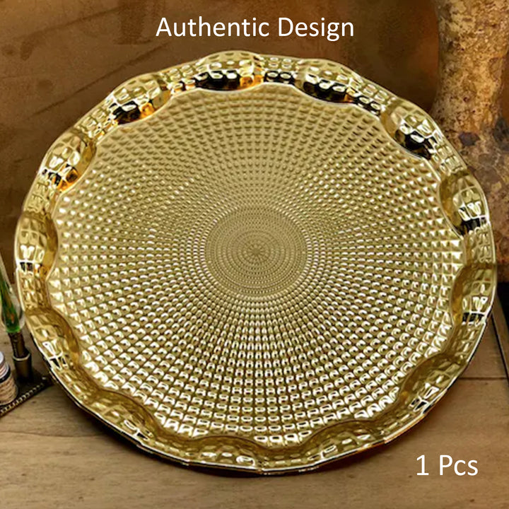 Round Embossed Design Anti Tarnish Serving Tray, Gold&Silver