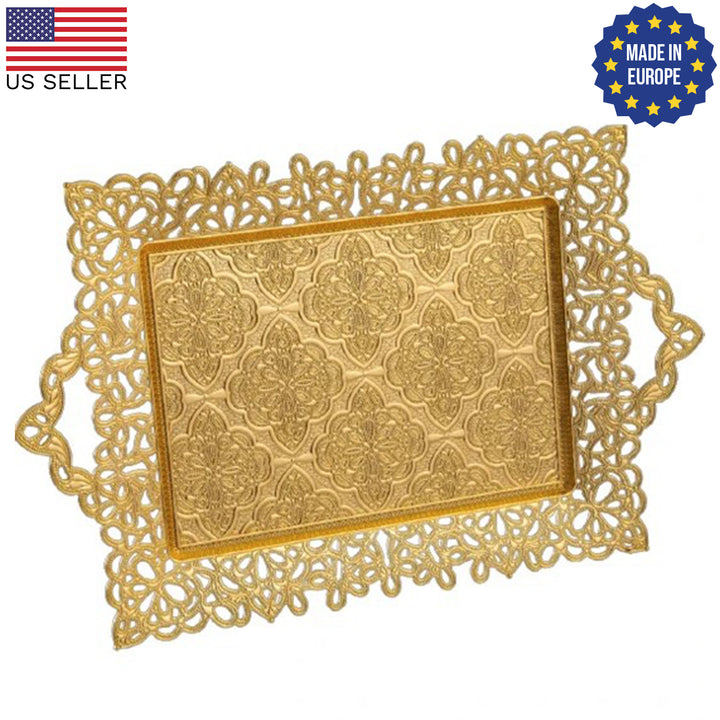 Rectangular Midi Gold Tray with Embossed Design, 16.5x10 in