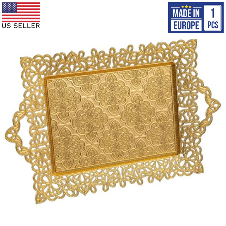 Rectangular Midi Gold Tray with Embossed Design, 16.5x10 in