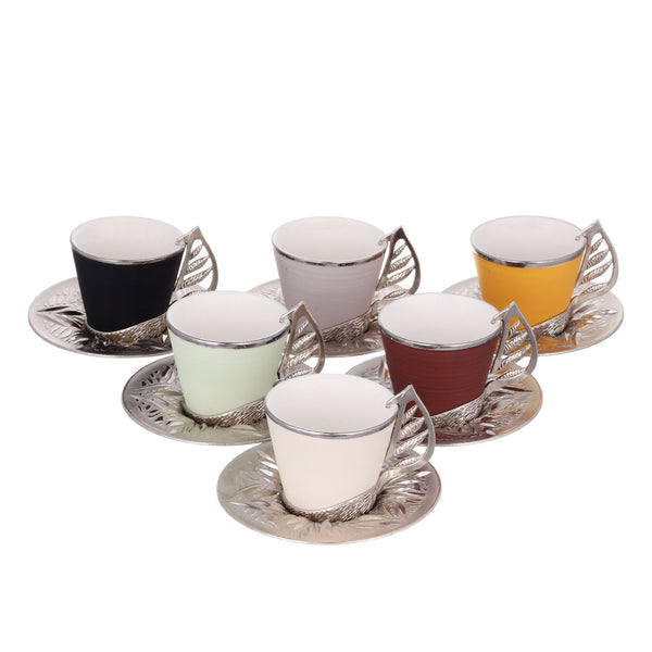 Turkish Colorful Coffee Cup Set for 6 People, 18 Pcs, Gold, Silver, 2.36 Oz