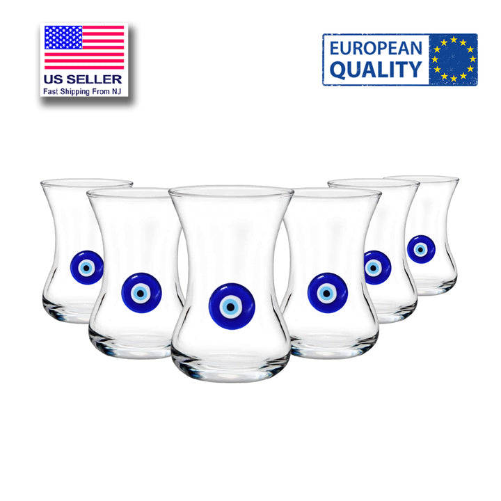 Turkish Teacups with Evil Eye Design, 6 Pcs, 4.2 Oz (125 cc)