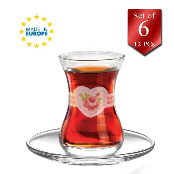 Authentic Turkish Tea Glasses with Saucers 12 Pcs, 4.75 oz