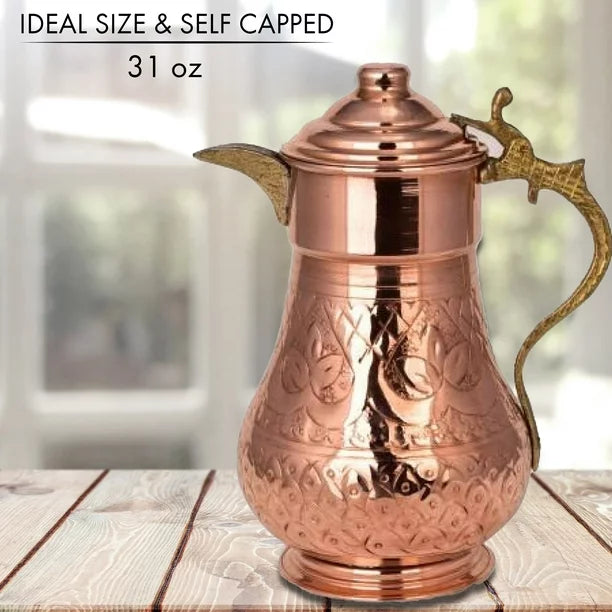 Handmade Hammered and Engraved Copper Water Pitcher with Lid