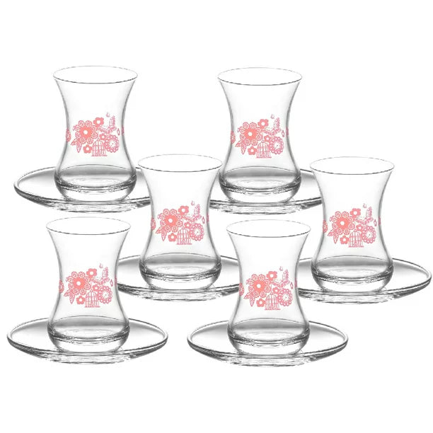 Lav Pudra Decorated Tea Glasses and Saucers 12 Pcs, 4.5 Oz