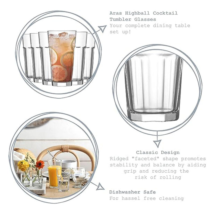 Lav Aras Long Drinking Glass Set, 6 Pcs, 16 Oz (473 cc)